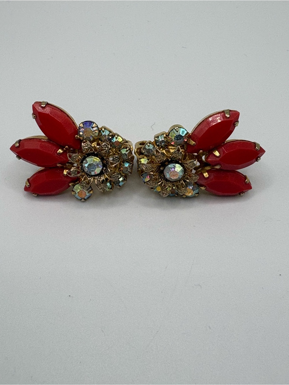Vintage Juliana D&E DeLizza & Elster Red Navette AB Rhinestone Clip Earrings